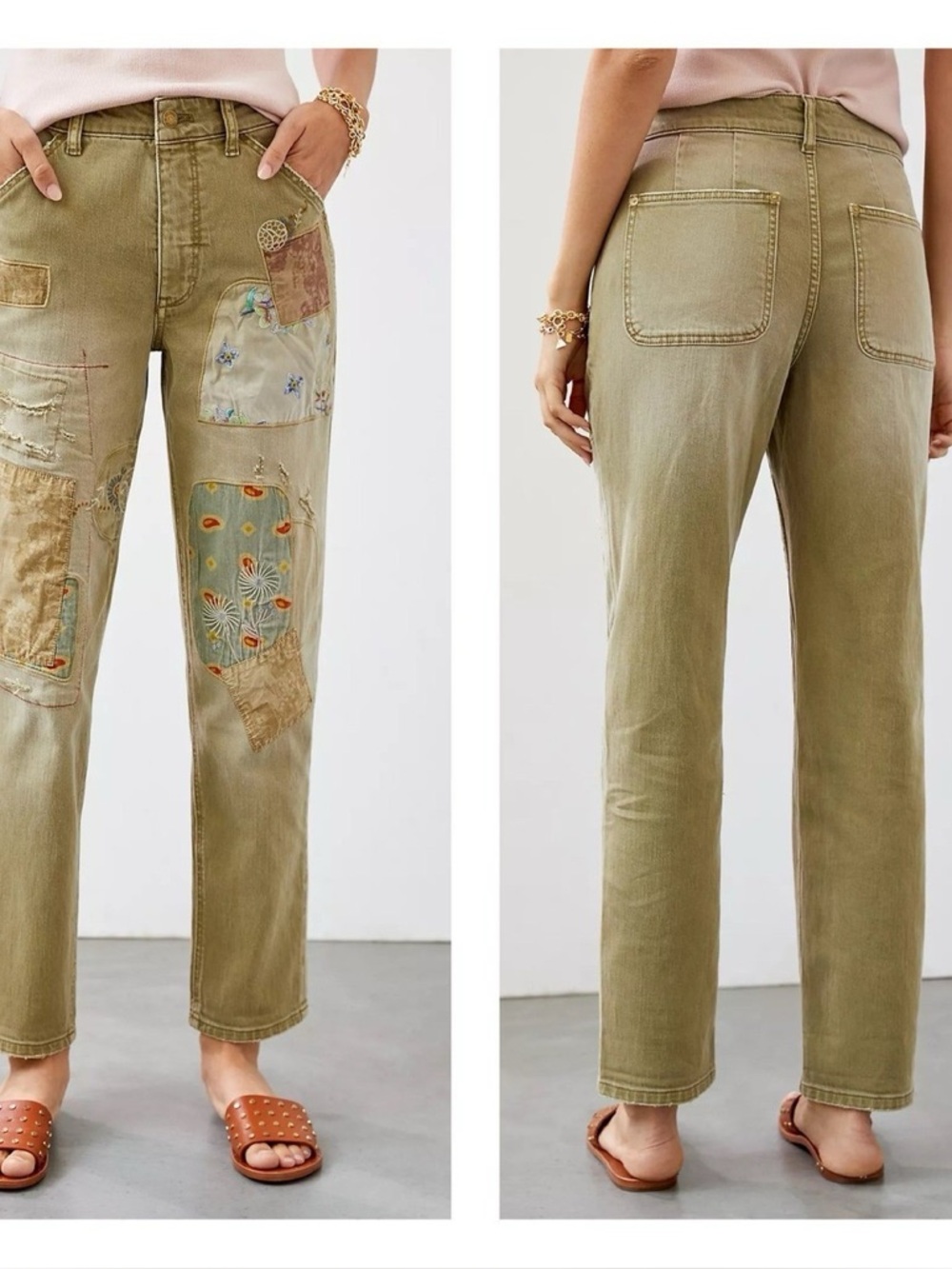 NWOT Anthropologie Pilcro Wanderer Barrel Jeans Sage Green Patchwork Boho